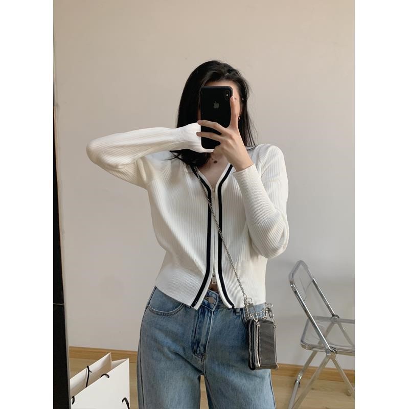 Áo khoác cardigan dệt kim tay dài dáng ôm phối khóa kéo thời trang cho nữ | BigBuy360 - bigbuy360.vn