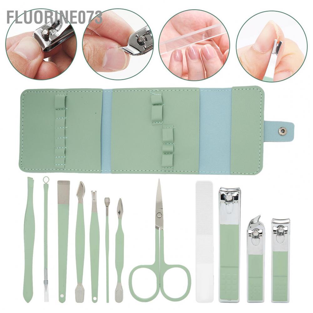 Fluorine073 12 cái Bộ làm móng tay bằng thép không gỉ chân con dao kéo lông mày Earpick Nail Clipper Set (Mint Green)