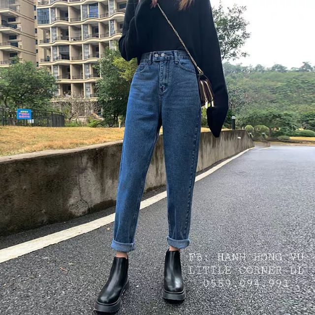 Quần jeans baggy lưng chun màu đậm ống suông 2 nút đôi ullzang kèm ảnh thật hàng sẵn