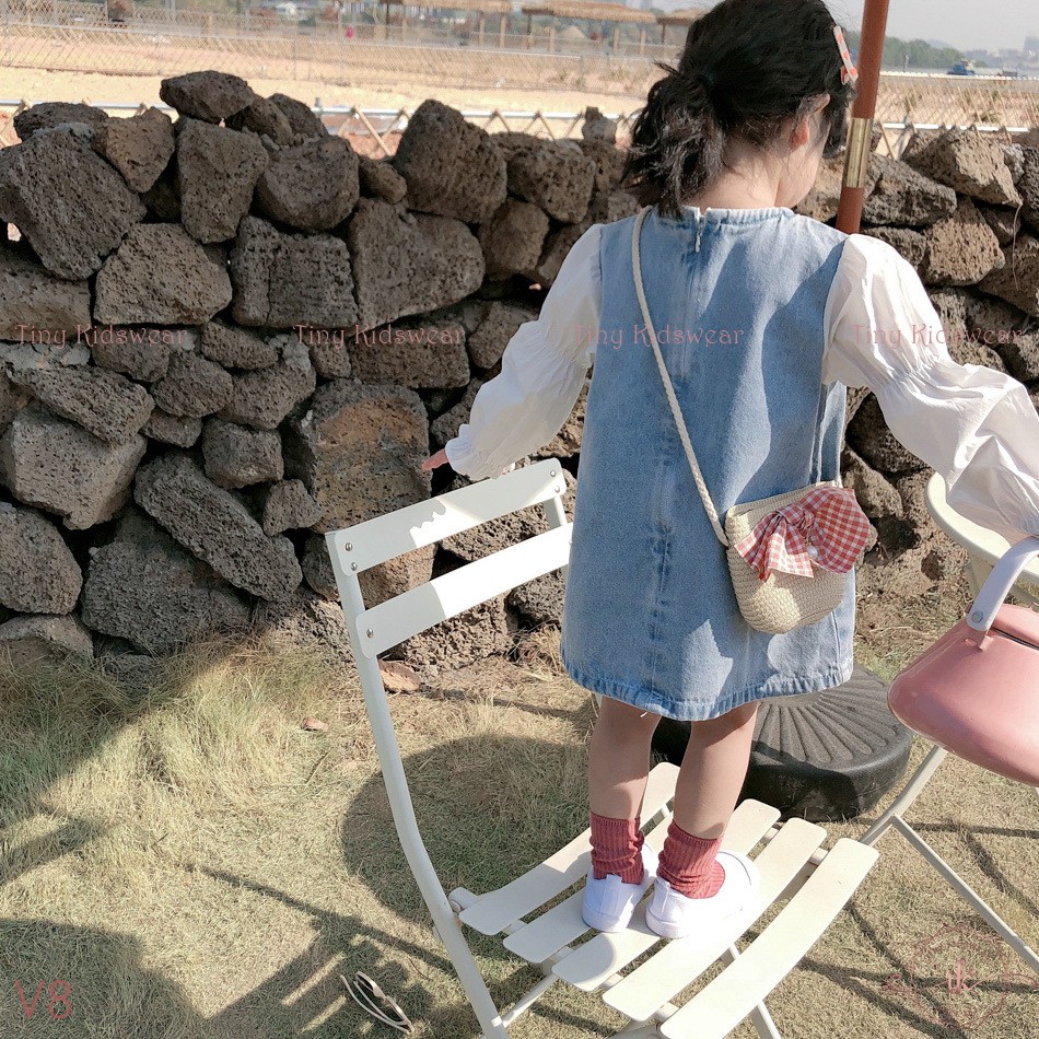 Váy Đầm Jean Dài Tay Nơ Ngực Cho Bé Gái Từ 9-17kg [V8]