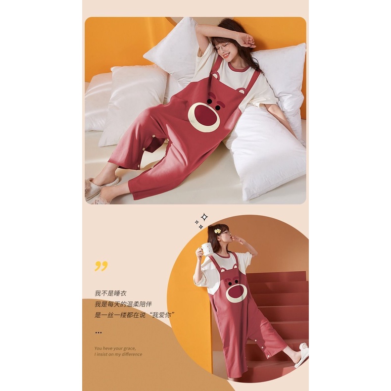 Đồ ngủ Dáng Dài Form Rộng In Họa Tiết Gấu Dâu Hoạt Hình Thời Trang Mùa Hè Cho Nữ