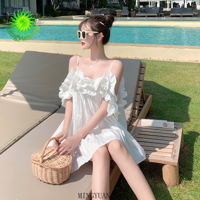 ( Mingyuan ) New off-shoulder white suspender fairy skirt dress