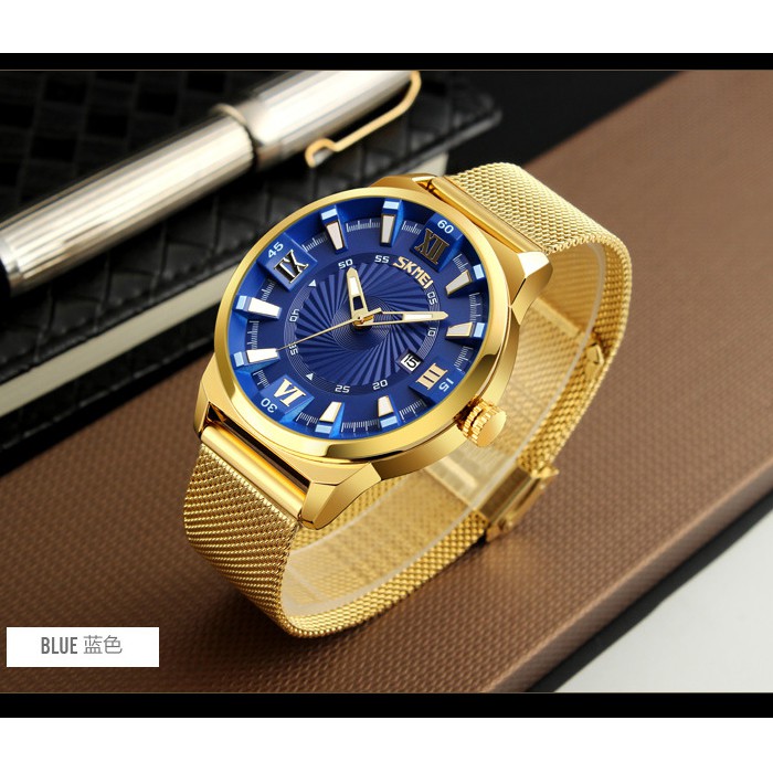 Đồng Hồ Quartz Nam SKMEI 9166 Chống Thấm Nước, Chất Liệu Thép Không Gỉ Mạ Vàng