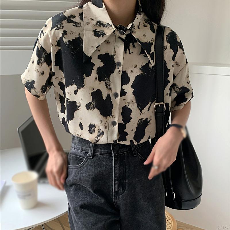 Áo sơ mi tay ngắn in họa tiết da báo thời trang cho nữ