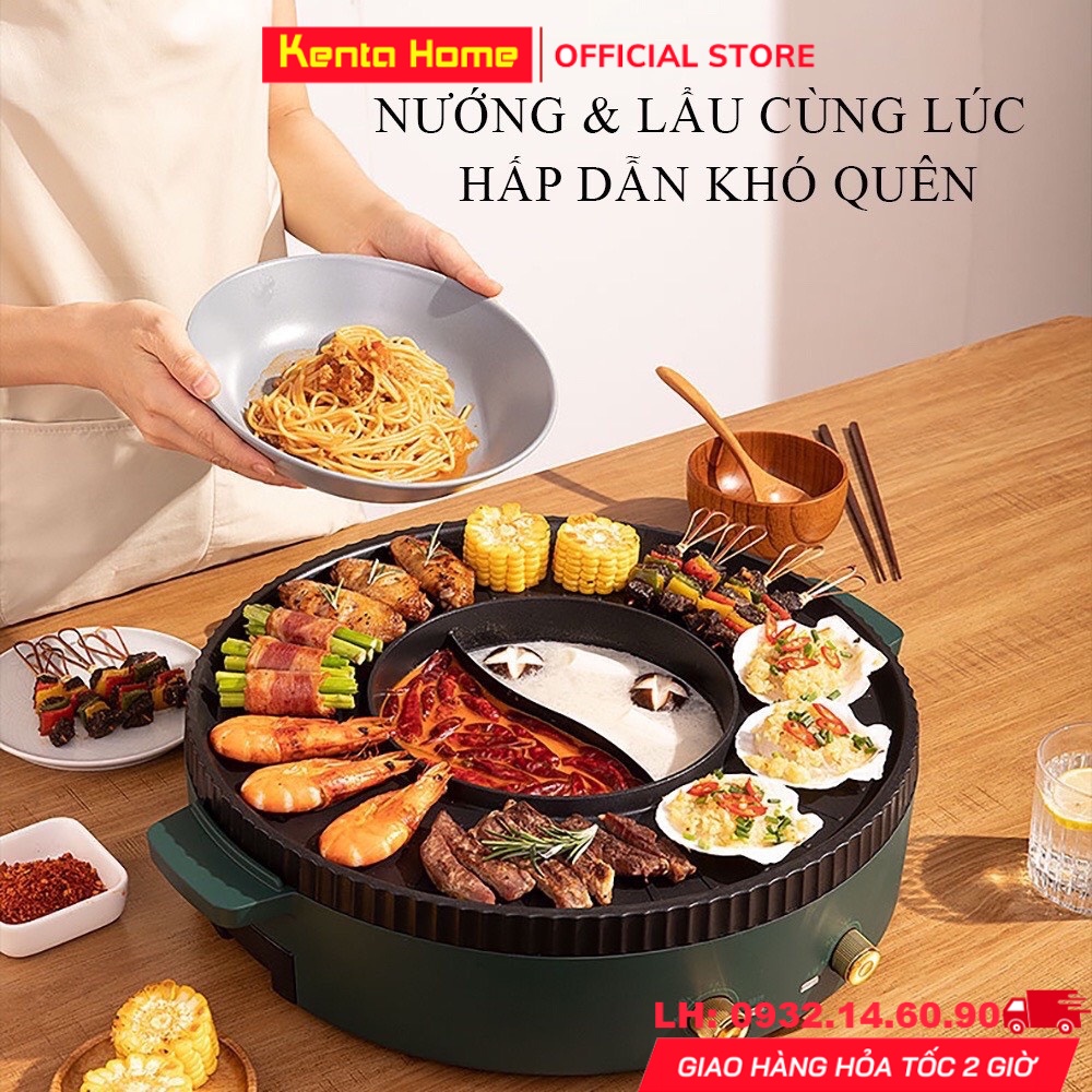 Bếp lẩu nướng kết hợp 2 in 1, Bếp lẩu nướng đa năng cao cấp có thể ăn lẩu nướng đồng thời dễ vệ sinh với men chống dính