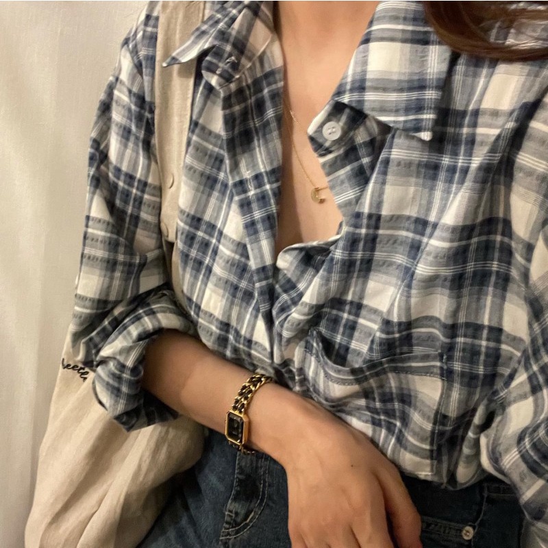 Áo sơ mi tay dài họa tiết sọc caro phong cách retro Hàn Quốc cao cấp