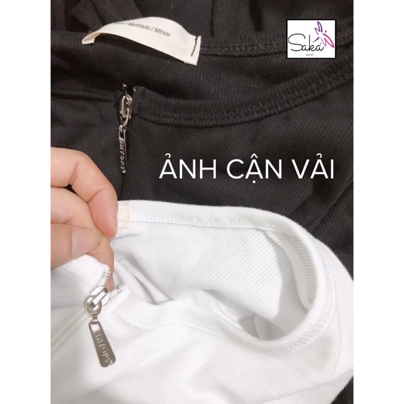 Áo croptop nữ tay dài khoá kéo đen trắng