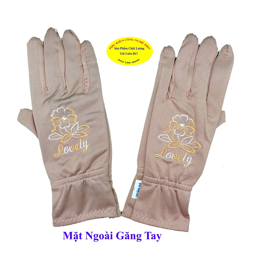 GĂNG TAY BAO TAY NỮ CHỐNG NẮNG 2 LỚP Loại 3 tấc Bít ngón Thêu chữ Lovely Đính hạt Chất liệu thun cotton co giãn NGÂN HÀ