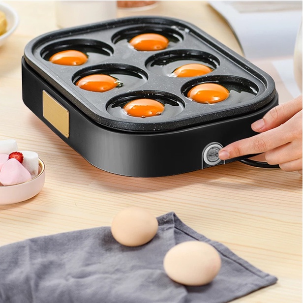 Chảo chống dính 6 Ngăn 6 Lỗ -Trứng Chiên Burger Bít tết Máy làm Bữa sáng Đa chức năng