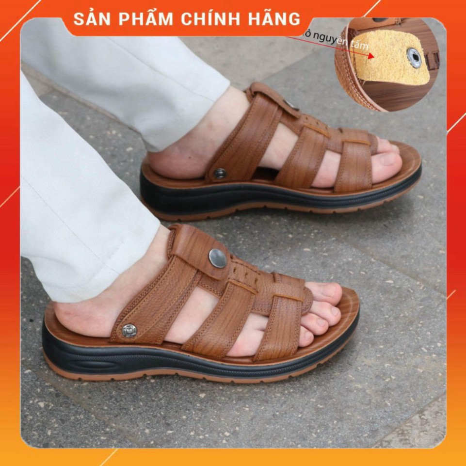 Dép sandal nam trung niên 💝 HT.NEO 💝 da bò xịn kết hợp đế kếp cao 3,5cm cực đẹp khâu may chân quai công nghệ 2021.