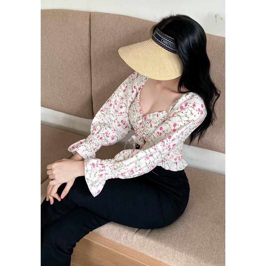 Áo croptop hoa rút dây giữa dài tay phồng A502099