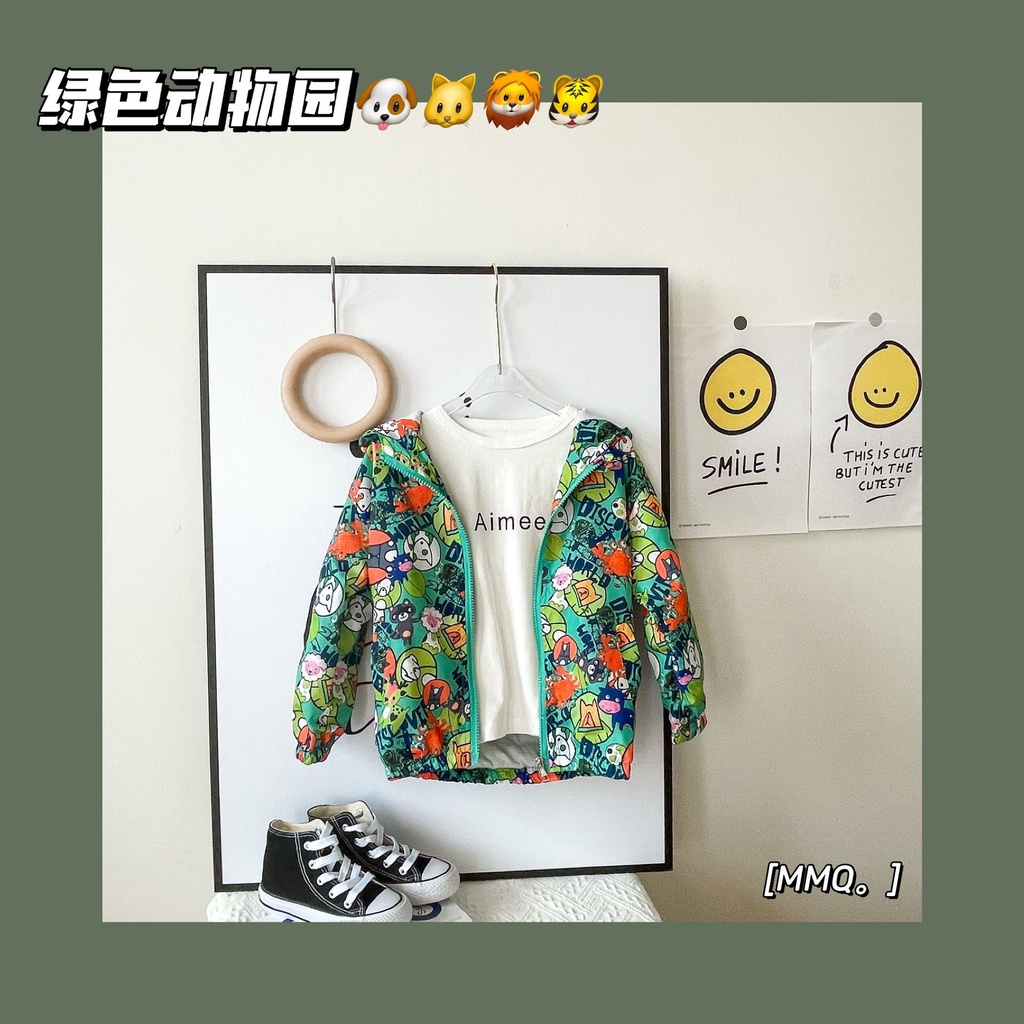 Áo khoác gió trẻ em Quảng Châu 2 lớp, in hình ngộ nghĩnh