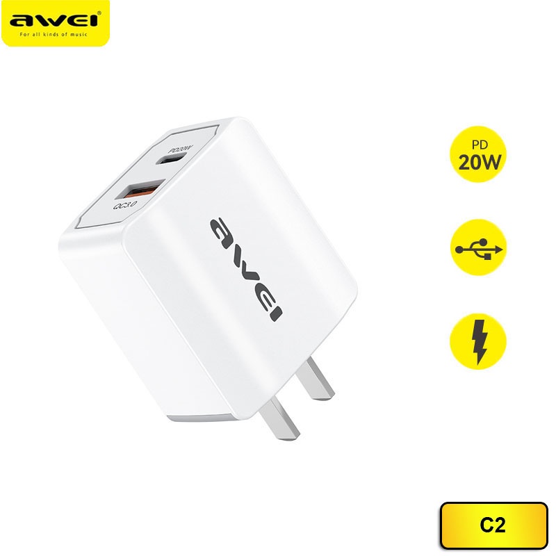 Bộ sạc Awei C2 PD20W QC & 3.0 USB & Type-C Phù hợp với sạc nhanh IP