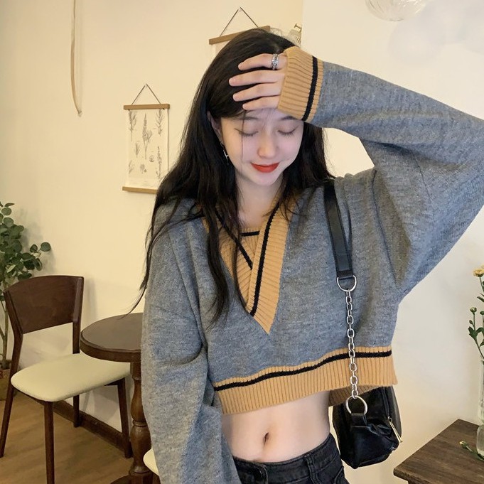 QADCOL Áo Dệt Kim Tay Dài Cổ Chữ V Phối Màu Tương Phản Thời Trang Retro Cho Nữ
