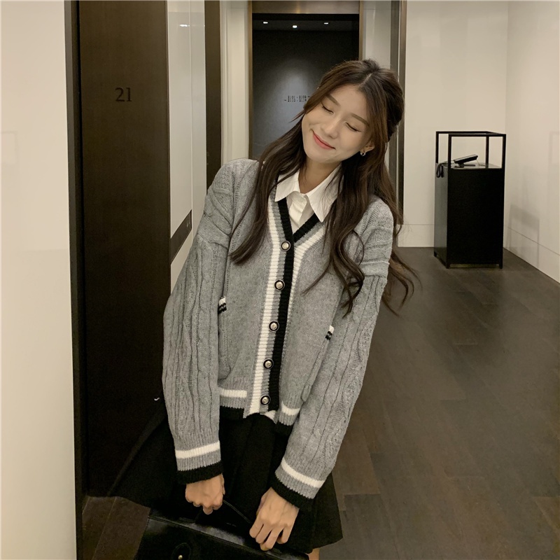 Order 7-10 ngày Áo len dệt kim dài tay cổ chữ v màu tương phản phụ nữ mặc ngoài áo cardigan