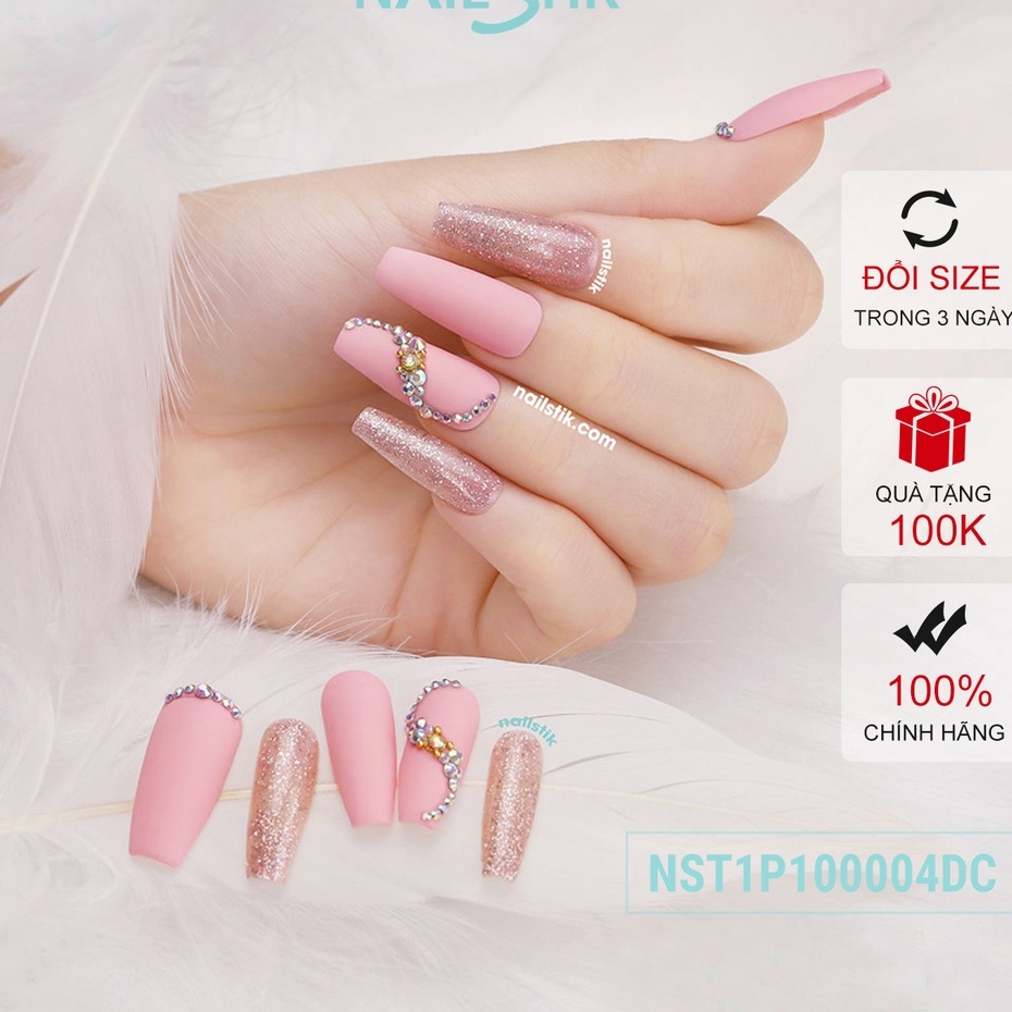 Móng úp thiết kế by NAILSTIK, màu hồng mờ, form móng coffin, dài 004