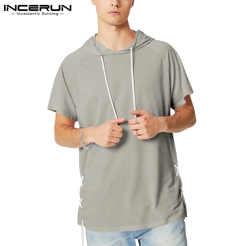 INCERUN Áo Hoodie Dây Rút Ngắn Tay Thời Trang Trẻ Trung Cho Nam