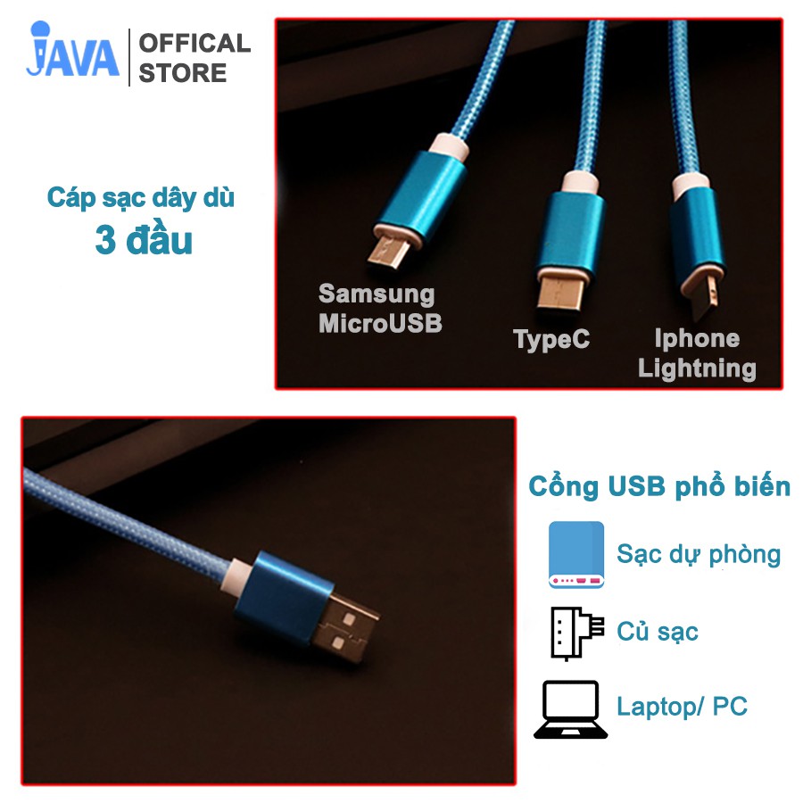 [30 NGÀY ĐỔI TRẢ] Dây cáp sạc đa năng 3 đầu - Ip Lightning - Micro USB - Type C