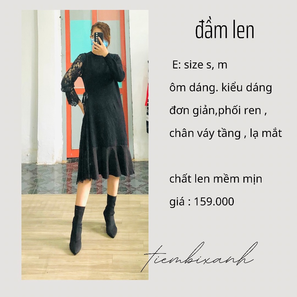 2hand- Đầm len đen phối ren dáng xuông đuôi xoè  - D79 - tiembixanh