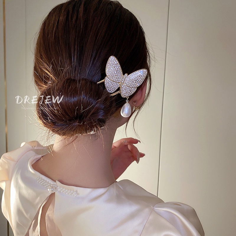 Kẹp Tóc Hình Bướm Đính Ngọc Trai Lấp Lánh Sang Trọng