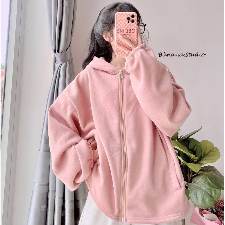 Áo khoác nữ nỉ bông tay phồng, hoodie zip nỉ bông đứng form nón to freesize, áo chống nắng