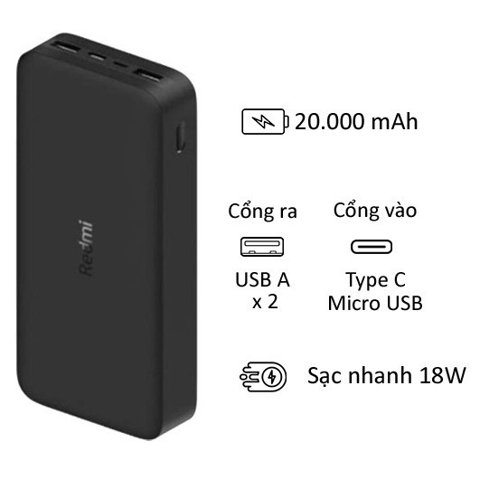 Sạc dự phòng 10000mah 20000mAh Xiaomi Redmi PB100LZM - 2 cõng sạc vào USB-A + Micro USB / 2 cổng sạc ra USB-A 37Wh