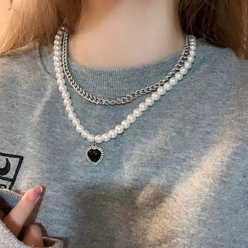 iF YOU Vòng cổ Chuỗi Ngọc Trai Đen Mặt Trái Tim Phong Cách Vintage