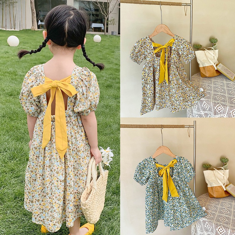 Đầm Công Chúa Tay Ngắn Hở Lưng In Hoa Dễ Thương Cho Bé Gái