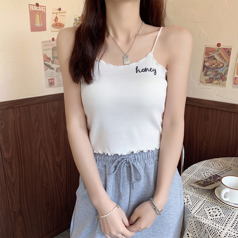 Brroa Áo Tank Top Hai Dây Dệt Kim Thêu Chữ Thời Trang Cho Nữ