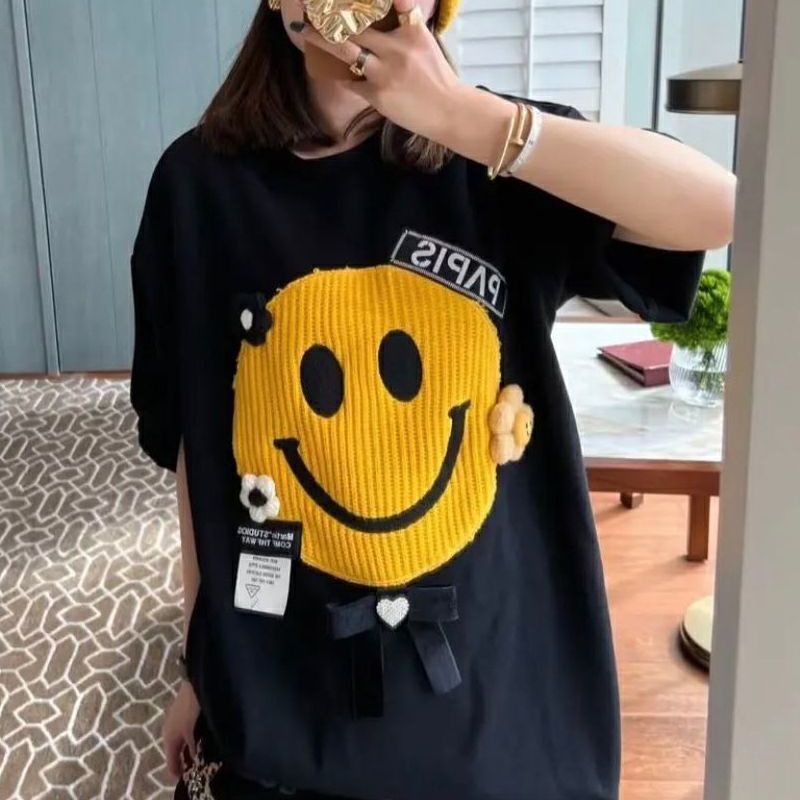 Áo Thun Tay Ngắn Cổ Tròn Màu Trơn In Hình Mặt Cười Hoạt Hình Thời Trang Mùa Hè 2022 Dành Cho Nữ