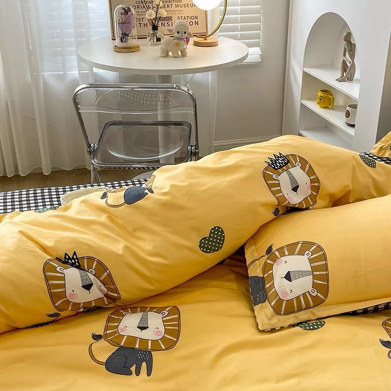 Bộ chăn ga gối cotton poly phong cách đáng yêu đủ size miến phí bo chun - Mẫu sư tử vàng.