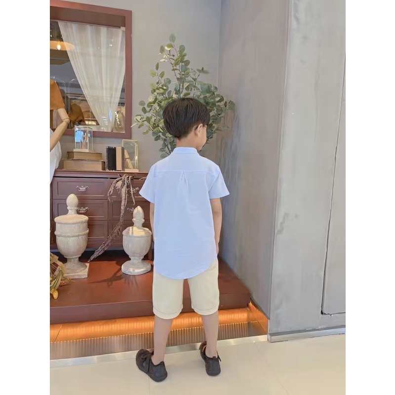 Áo sơ mi trơn nhiều màu vải đũi cộc tay cổ Tàu cho bé trai & bé gái  N01165