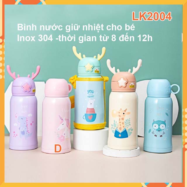 Bình nước giữ nhiệt cho bé- TẶNG Túi đeo bình- tặng thêm nắp có ống hút bình giữ nhiệt lõi inox 304