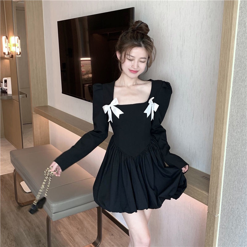 Đầm tay dài cổ thắt nơ phối màu tương phản phong cách Pháp ngọt ngào thời trang thu đông mới cho nữ 2021