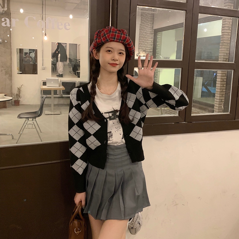 SUXI Áo Khoác Cardigan Dệt Kim Tay Dài Cổ Chữ V Kẻ Sọc Ca Rô Dáng Ôm Thời Trang Mùa Thu Cho Nữ