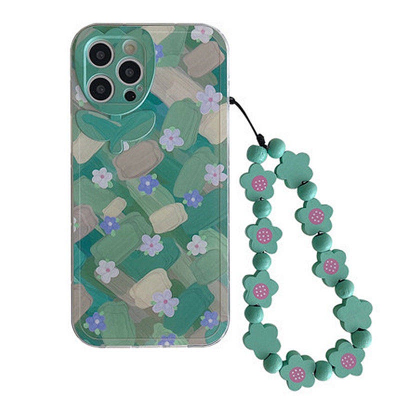 Green Oil Painting Flower Iphone13/12pro Apple 11/XR Phone Case Xs/Max Chain 7/8Plus Female BEtx