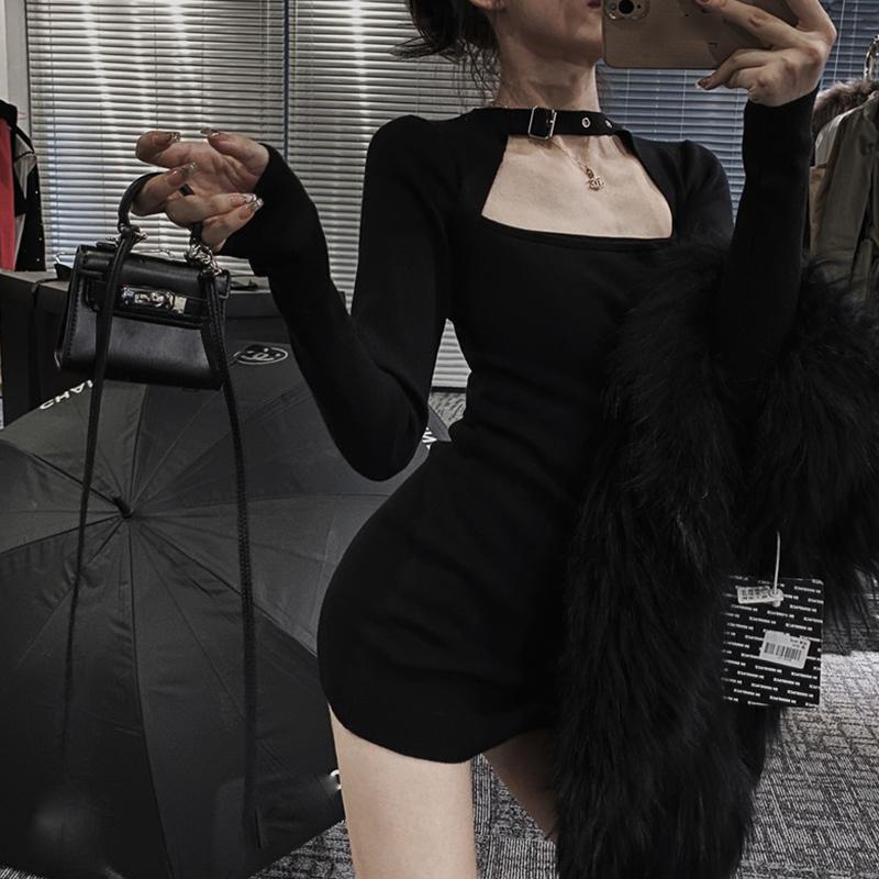 Đầm Ôm Dáng Tay Dài Khoét Lỗ Màu Đen Size XS-3XL Thời Trang Quyến Rũ Cho Nữ