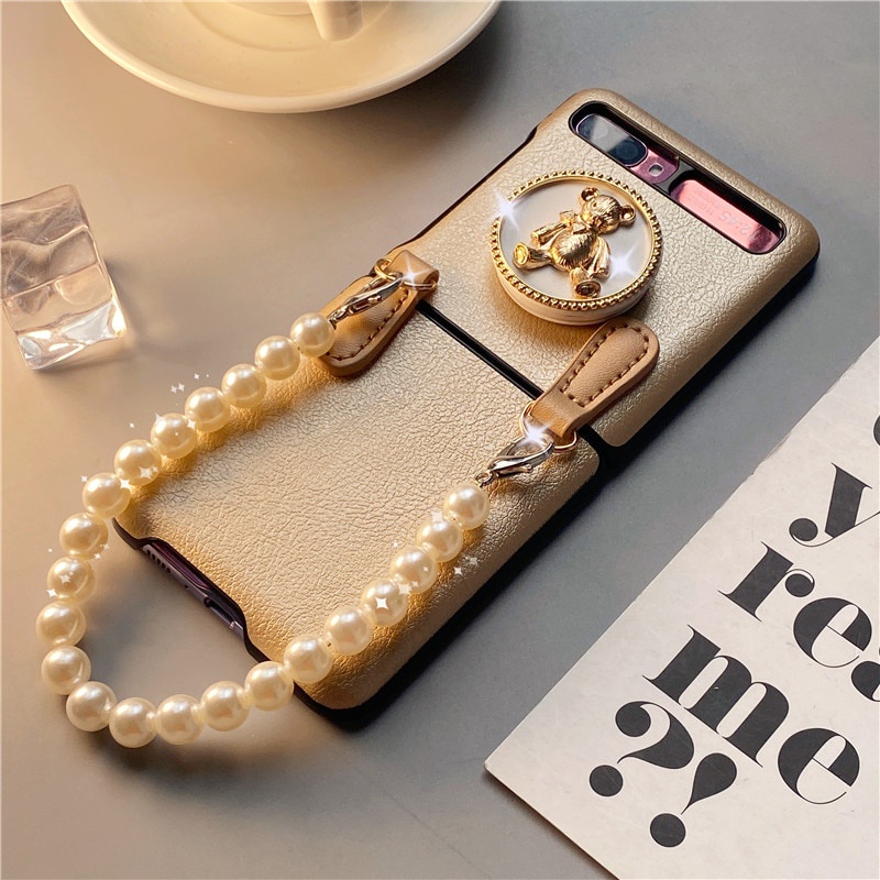 Bao Da Điện Thoại Nắp Gập Dạng Ví Dây Xích Dài Có Giá Đỡ Hình Gấu Kim Loại Đính Ngọc Trai Cho samsung z flip 4g 4 3 flip4 flip3 5g Ốp