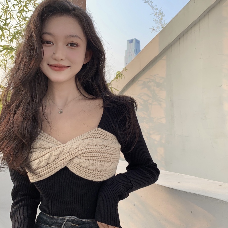 Áo len tay dài cổ vuông màu đen phong cách Hàn Quốc thời trang xinh xắn cho nữ