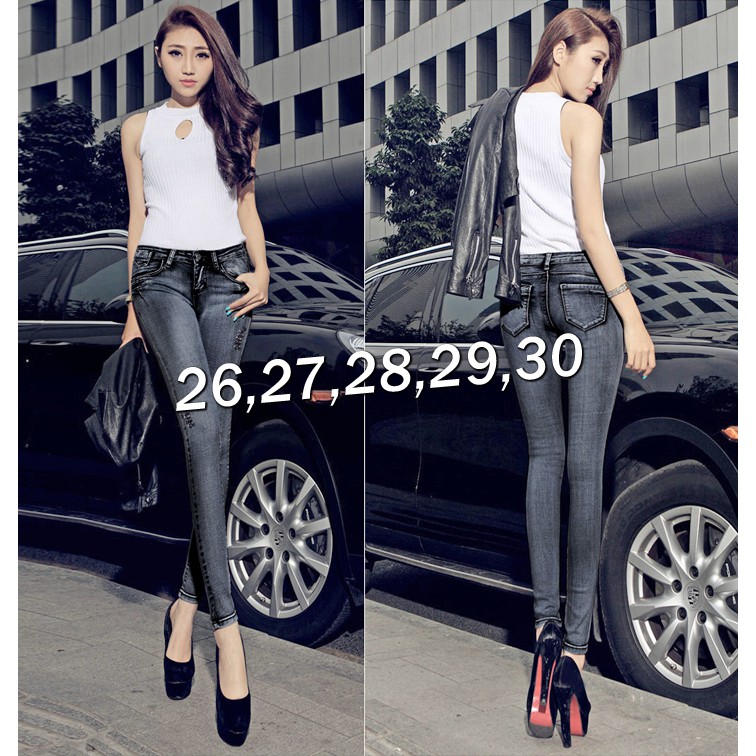 Quần Jean Xám Lưng Cao 1 Nút Rách 2 Bên EKE-QD183