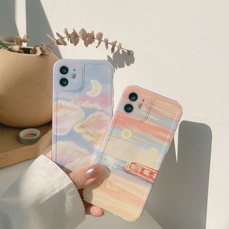Ốp điện thoại silicone họa tiết mặt trăng/ hoàng hôn thích hợp cho iPhone 12 13 11 Pro Max X XS Max XR 7 8 Plus