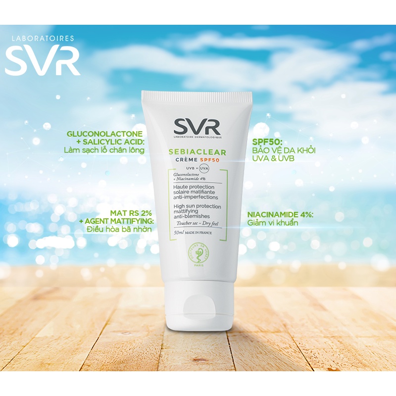 [TEM VIỆT NỮ] SVR Sebiaclear Creme SPF50 50mL - Kem Chống Nắng Giảm Mụn Không Nhờn Rít.