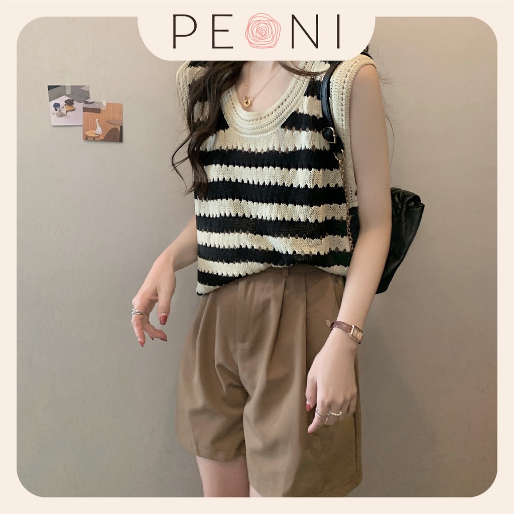 Áo 3 lỗ mongtoghi len kẻ lưới phong cách ulzzang Hàn Quốc cực xinh, Peoni