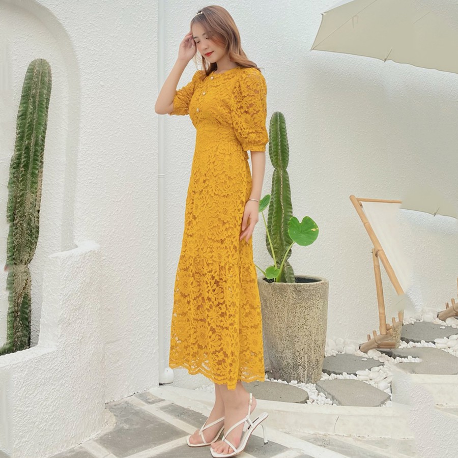 Đầm ren hoa MIMIX váy tay phồng đính cúc ngọc phối chân đuôi cá 5 màu ôm eo AQ9205 | BigBuy360 - bigbuy360.vn