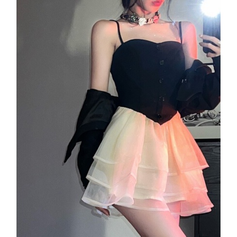 Đầm Công Chúa Ngắn Hai Dây Đính Nơ Thời Trang Mùa Xuân Mới Cho Nữ