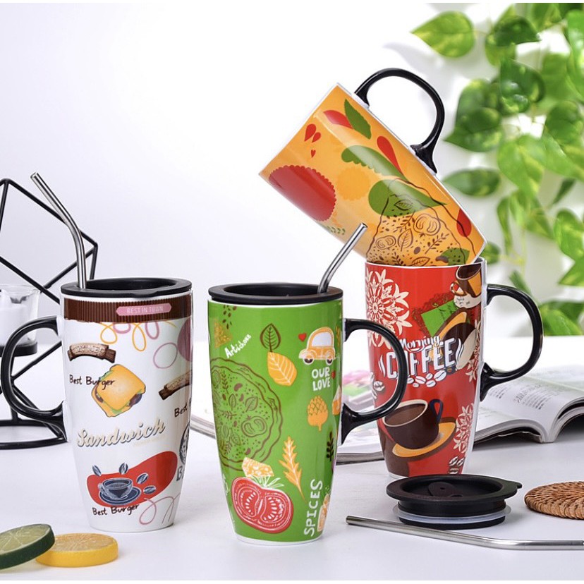Ly Sứ Có Nắp Đậy Kèm Thìa Và Ống Hút Inox Hộp Quà Cao Cấp