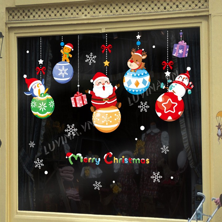 Decal dán tường chất liệu PVC loại 1, dán phòng khách, phòng ngủ, quán cafe-Ông già noel ngồi trên dây treo kinh khí cầu