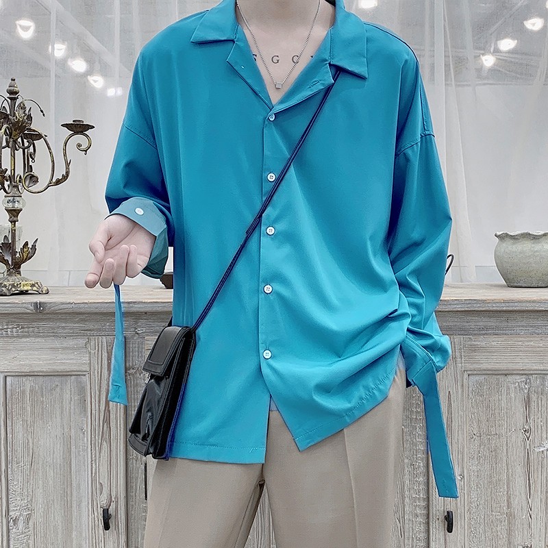 Áo sơ mi nam bigsize form rộng cổ vest tay cách điệu xanh