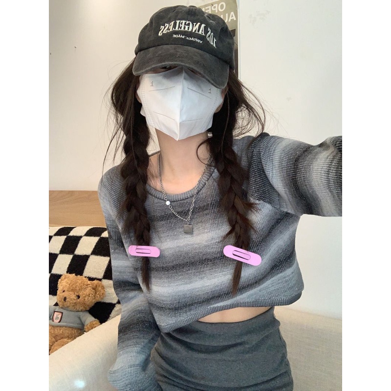 Jiashucheng Áo Thun Dệt Kim Dáng Rộng Eo Cao Kẻ Sọc Màu Gradient Kiểu Mỹ Xinh Xắn Cho Bạn Gái