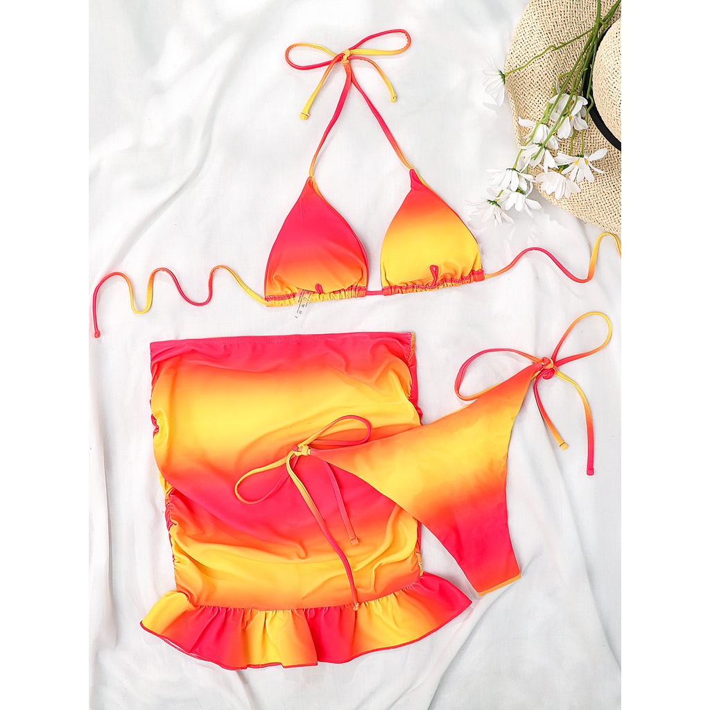 [BKN1503] &lt;ÂU&gt; SET BIKINI 3 MÓN OMBRE VÀNG ĐỎ KÈM CHÂN VÁY ĐUÔI CÁ